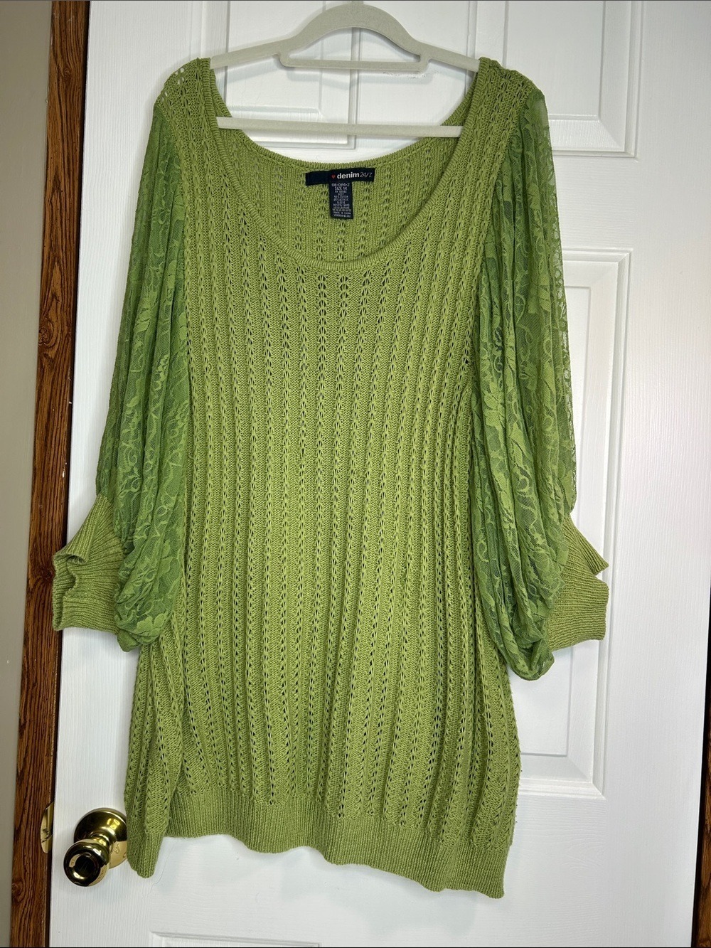 Denim 24/7 Light Green Open-Knit Sweater with Lace Sleeves